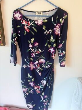 Verse Navy Floral Midi Dress with Purple & Green Print